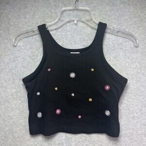 PINK Victorias Secret Crop Top Women Small Black Embroidered Floral Hippie Boho